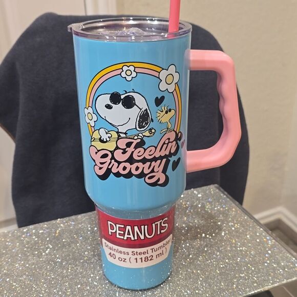 Bioworld X Peanuts Snoopy & Woodstock Feeling Groovy SS Tumbler w/Straw - Picture 8 of 11